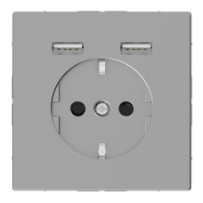 Розетка силовая 2К+З, 16А, c USB 2.4A, тип А+А, винт.зажим, шторки, Нержавеющая сталь, пластик, D-Life Merten MEG2366-6036