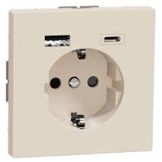 Розетка силовая 2К+З, 16А, c USB 3A, тип А+C, винт.зажим, шторки, Сахара, пластик, D-Life Merten MEG2367-6033