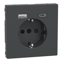 Розетка силовая 2К+З, 16А, c USB 3A, тип А+C, винт.зажим, шторки, Антрацит, пластик, D-Life Merten MEG2367-6034
