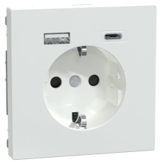 Розетка силовая 2К+З, 16А, c USB 3A, тип А+C, винт.зажим, шторки, Белый лотос, пластик, D-Life Merten MEG2367-6035