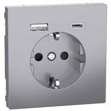 Розетка силовая 2К+З, 16А, c USB 3A, тип А+C, винт.зажим, шторки, Нержавеющая сталь, пластик, D-Life Merten MEG2367-6036