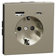 Розетка силовая 2К+З, 16А, c USB 3A, тип А+C, винт.зажим, шторки, Никель, металл, D-Life Merten MEG2367-6050