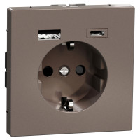 Розетка силовая 2К+З, 16А, c USB 3A, тип А+C, винт.зажим, шторки, Мокко, металл, D-Life Merten MEG2367-6052