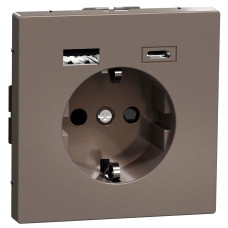 Розетка силовая 2К+З, 16А, c USB 3A, тип А+C, винт.зажим, шторки, Мокко, металл, D-Life Merten MEG2367-6052