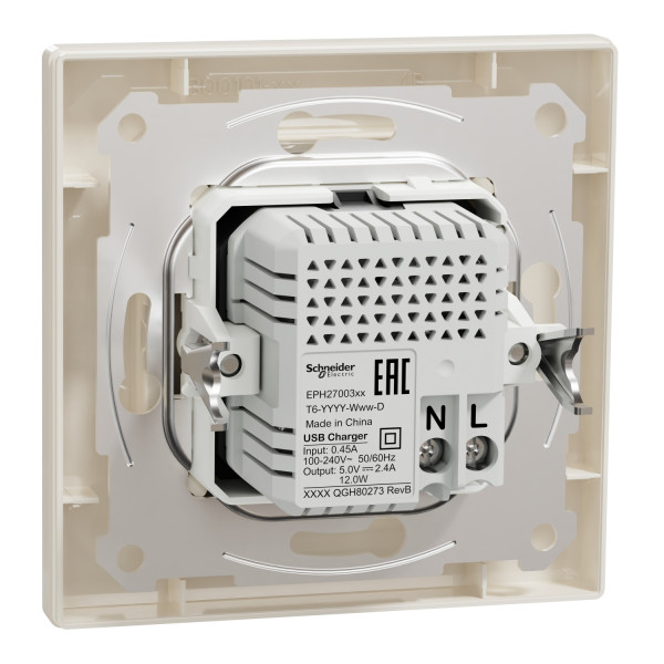 Розетка USB, 2 выхода, тип А+С 2,4А, Кремовая, Asfora EPH2700323