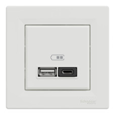 Розетка USB, 2 выхода, тип А+С 3А, 45 Вт, Белая, Asfora EPH2700421