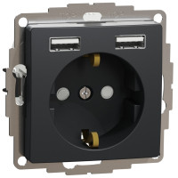 Розетка силовая с заземлением + USB A+A, 2.4A, со шторками, Черно-серый, Sedna Design SDD114052