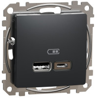 Розетка USB двойная А+C, 2.4А, 230В, Черно-серый, Sedna Design SDD114402
