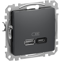 Розетка USB двойная А+C, 3А, 45Вт, 230В, Черно-серый, Sedna Design SDD114404