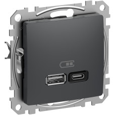 Розетка USB подвійна А+C, 3А, 45Вт, 230В, Чорно-сірий, Sedna Design SDD114404