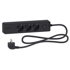 Удлинитель на 3 розетки + 2хUSB 2.4А, кабель 1.5 метра, черный, Schneider Electric ST943U1B